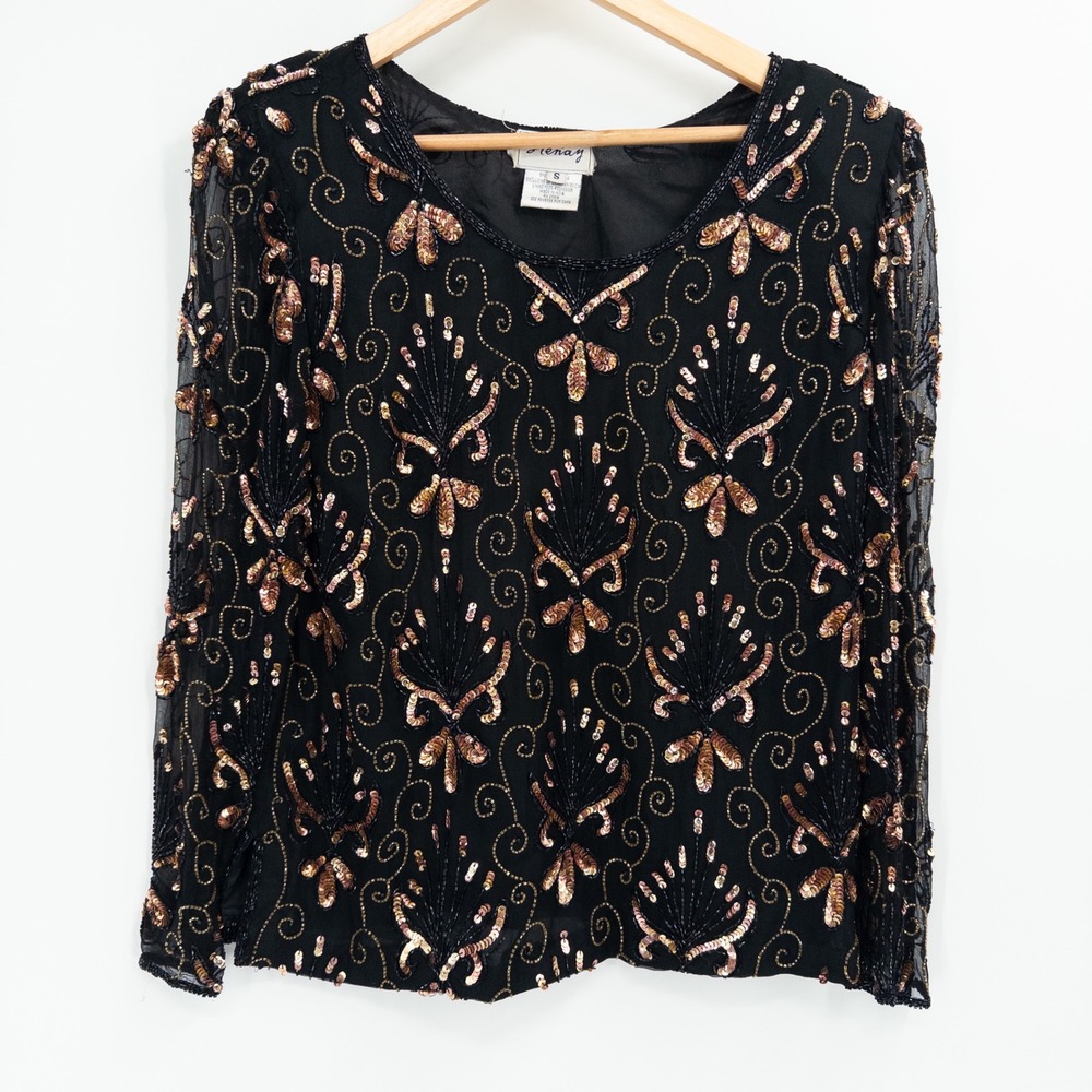 Stenay Beaded Sequin Blouse Women Small Black Gold Vintage‎ 90s Silk Glam Party